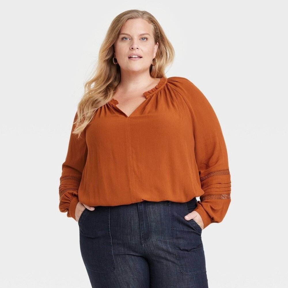 Knox Rose Women's Long Sleeve Lace Blouse Honey Brown XXL